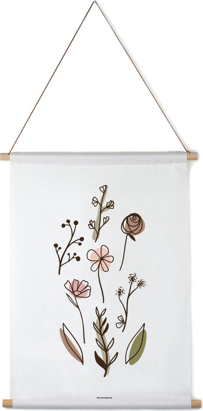 Villa Madelief Interieurbanner picked flowers - Textielposter - 60x80cm - Wandkleed - Wandtapijt - Wanddecoratie voor thuis - Makkelijk op te hangen - Poster met houten hangers