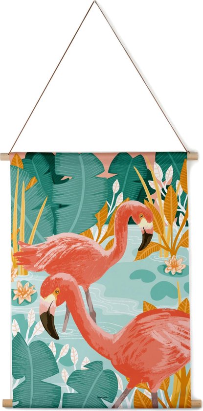 Villa Madelief Interieurbanner flamingo - Textielposter - 30x40cm - Wandkleed - Wandtapijt - Wanddecoratie voor thuis - Makkelijk op te hangen - Poster met houten hangers