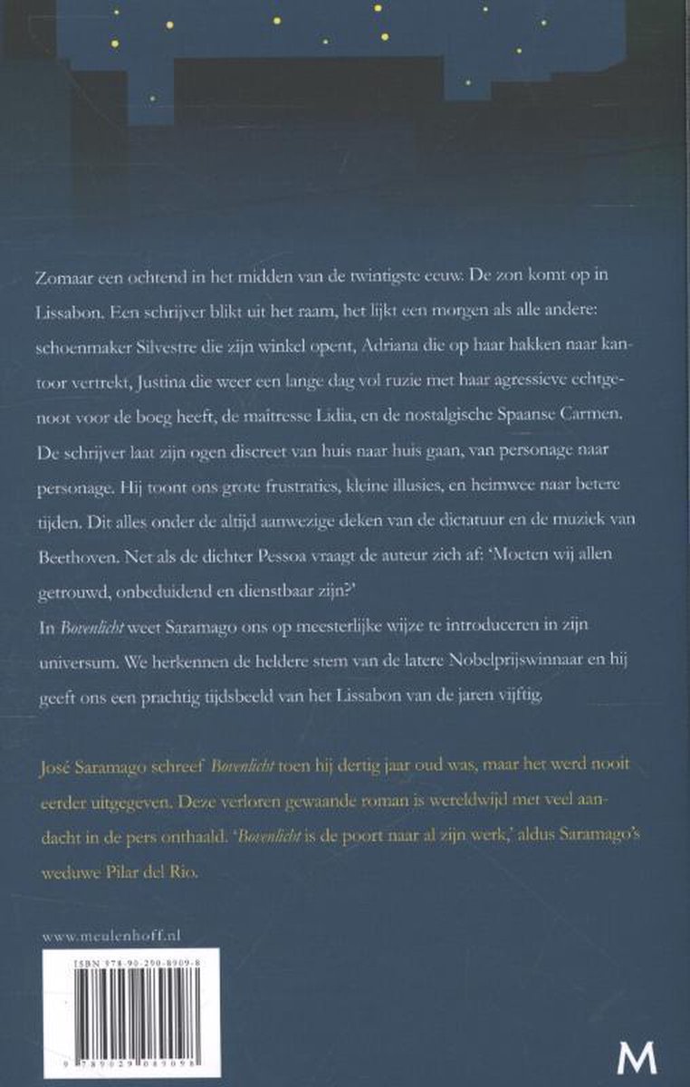 Achterflap van het boek Bovenlicht. Tekst in het Nederlands.