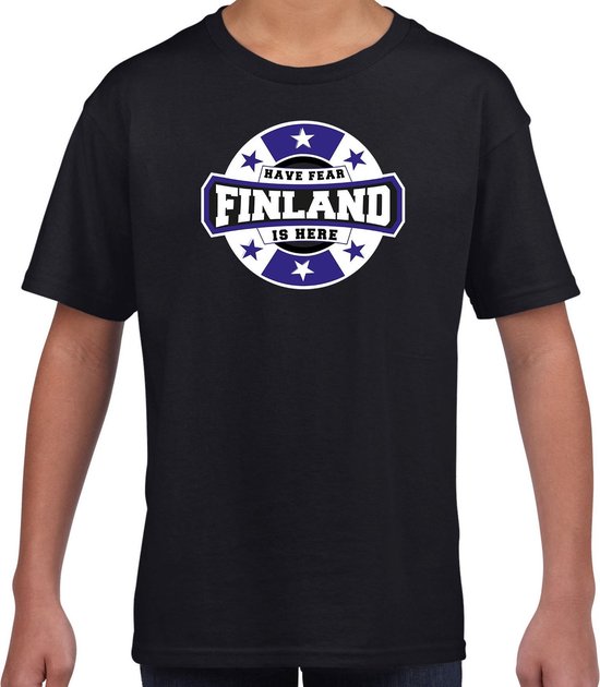Have fear Finland is here t-shirt met sterren embleem in de kleuren van de Finse vlag - zwart - kids - Finland supporter / Fins elftal fan shirt / EK / WK / kleding 158/164