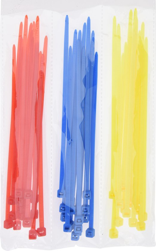 50x stuks kabelbinders / bundelbanden / tiewraps – 15 cm – rood/geel/blauw – bundelbanden – tiewraps / tie ribs / kabelbinders