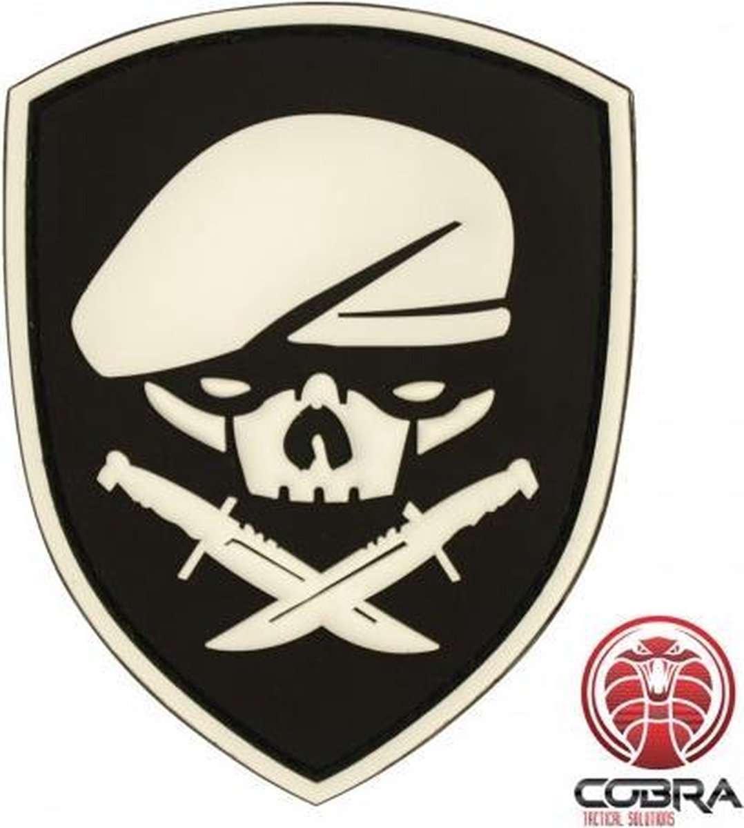 SAS baret doodshoofd 3D PVC patch embleem wit (fluo in het donker) met klittenband