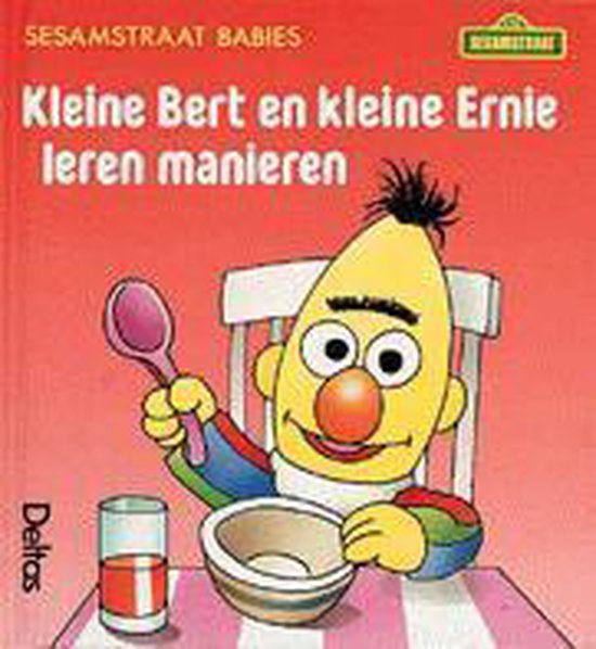 Kleurrijke boekomslag: Kleine Bert aan een gedekte tafel met lepel, kom en glas sap.