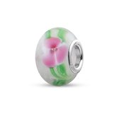Quiges - Glazen - Kraal - Bedels - Beads Wit met Roze Bloemen en Groen Blaadjes Past op alle bekende merken armband NG2004