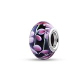 Quiges - Glazen - Kraal - Bedels - Beads Zwart met Roze Bloemen aan Groene Tak Past op je Pandora armband NG670