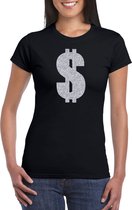 Zilveren dollar / Gangster verkleed t-shirt / kleding - zwart - voor dames - Verkleedkleding / carnaval / outfit / gangsters S