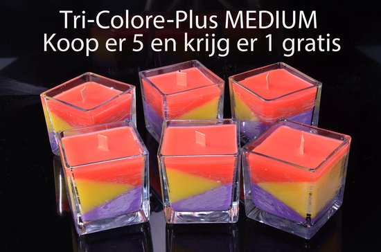 TRI-COLORE-PLUS kaars MEDIUM in glas - 5 stuks + 1 stuks GRATIS - MET HOUTEN LONT - Gemaakt door Candles by Milanne