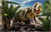 Dinosaurus T-Rex tropical attack - Foto op Forex - 150 x 100 cm