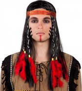 Pruik Indiaan Cheveyo - Native American - Western - Lange steil haar met hoofdband en veren - Zwart - Heren