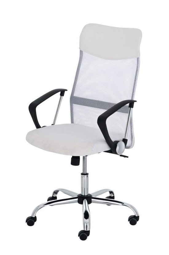 Witte bureaustoel met hoge rugleuning van mesh en gestoffeerde zitting.