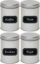 4x Zilveren ronde opbergblikken/bewaarblikken met beschrijfbare labels/etiketten 13 cm - Koffie/thee/suiker voorraadblikken - Voorraadbussen - Voorraadkast organiseren