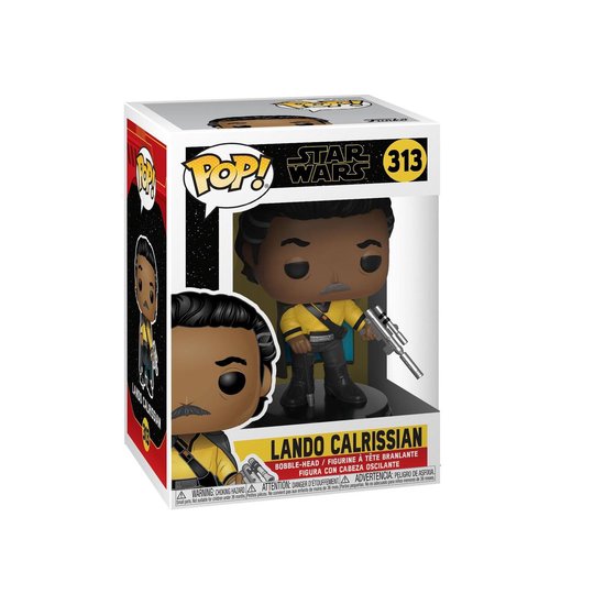 Figurine Lando Calrissian Funko Pop! en boîte, portant une chemise jaune et une cape grise.