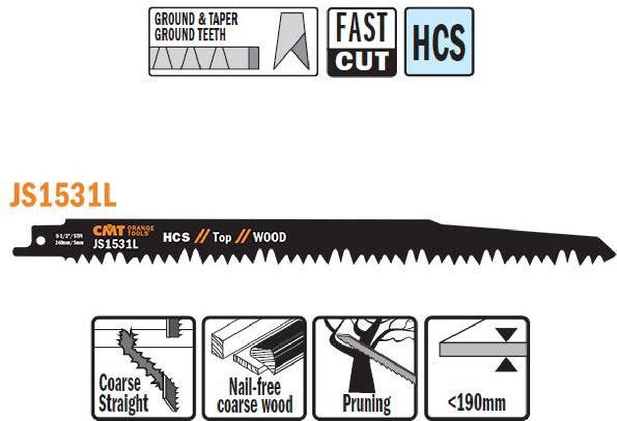 CMT JS1531L-5 HCS reciprozaagblad 240 x 1,5 mm. 5tpi (grof hout zonder spijkers, snoeien)