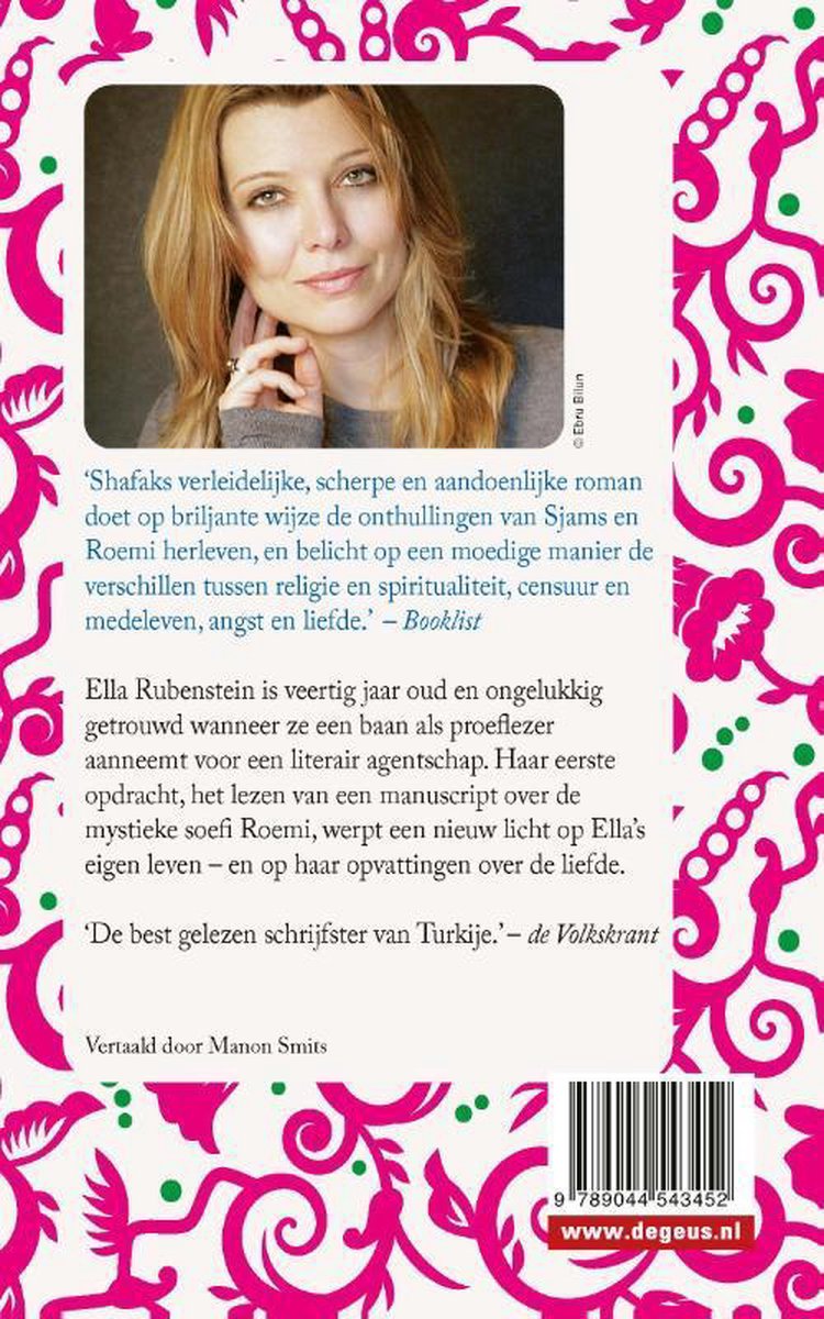 Achterkant van het boek met een portret van Ella Rubenstein, met een roze en groene bloemen- en vlinderdecoratie.