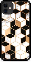 iPhone 11 Hardcase hoesje Black-white-gold Marble - Designed by Cazy