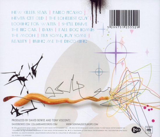 Achterkant van David Bowie's Reality albumhoes met tracklist en abstracte kunst.