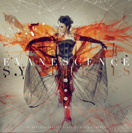 De hoes van het Evanescence album 'Synthesis', met een vrouw in een oranje en witte jurk, met waterverfspetters.