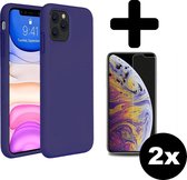 Hoes voor iPhone 11 Pro Max Hoesje Siliconen Case Cover Donker Blauw Met 2x Screenprotector Gehard Glas