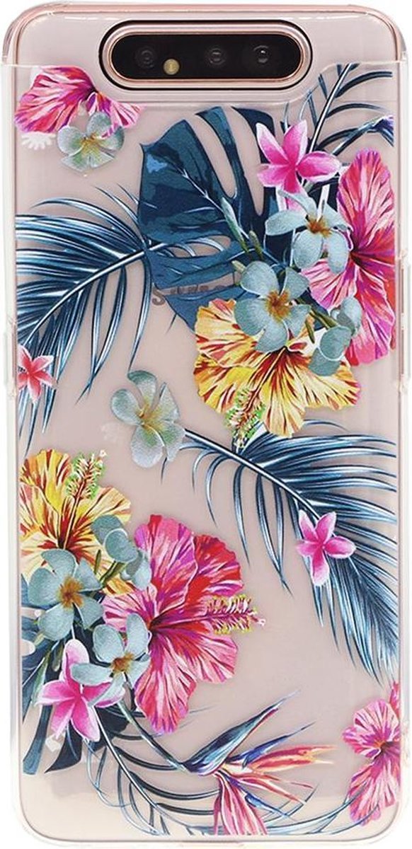 Shop4 - Samsung Galaxy A80 Hoesje - Zachte Back Case Bloemen en Palmbladeren