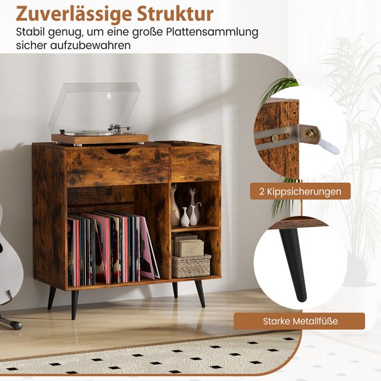 COSTWAY Bijzettafel Met Laadstation, Platenspelerstandaard Met Scheidingswanden En Zijrek Industrieel Nachtkastje Met Stopcontact Platenhouder Voor Maximaal 145 Albums Grijs
