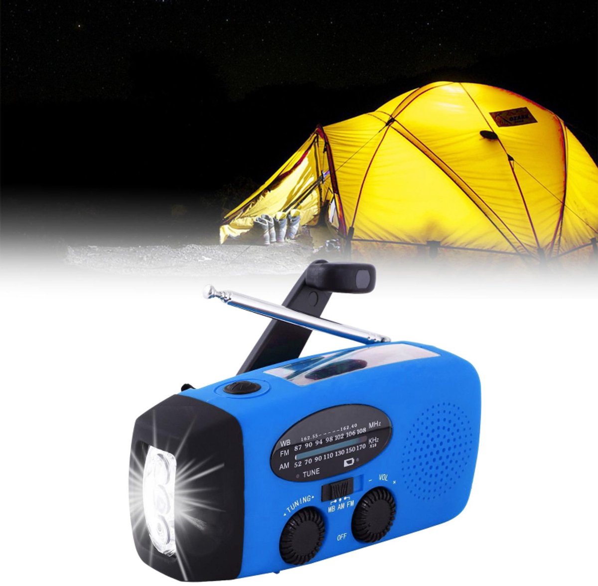 FM/AM/WB - Solar - Zaklamp - Powerbank- mini-noodoverlevingsradio op zonne - Noodradio Op Batterijen -energie - met 3 LED's Superheldere zaklamp 2000mAh batterij - aangedreven powerbank Smartphone-oplader - blauw – foto 5