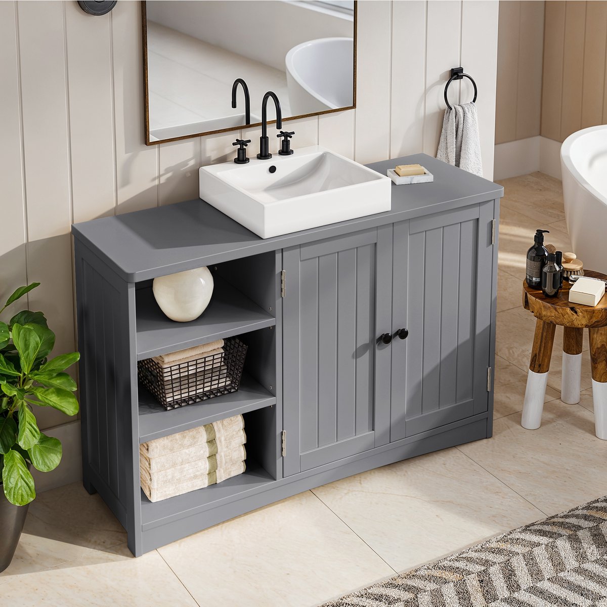 Bealife AP54 Wastafelmeubel - badkamermeubel 90 x 30 x 60 cm - met 2 Deuren 5 Vakken - Verstelbare Plank in 3 Niveaus - Magneetsluiting - Waterafstotend -Grijs