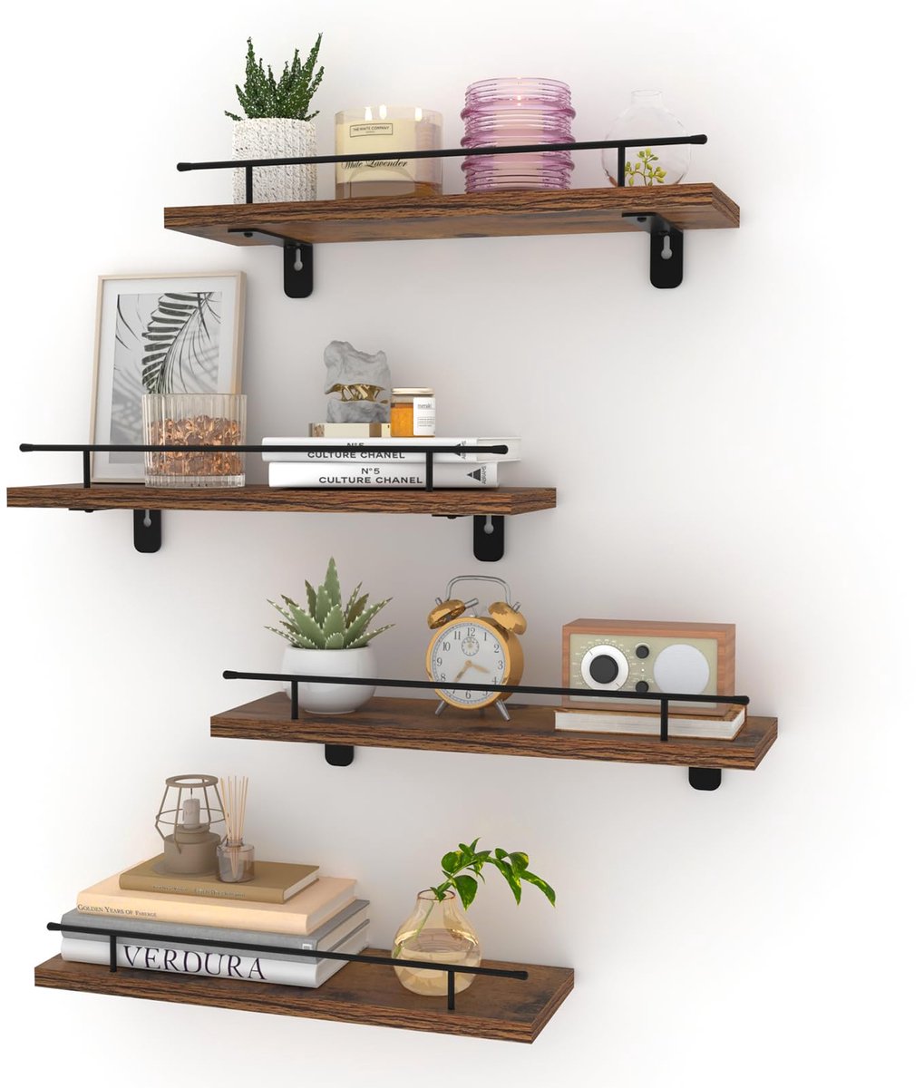 Unyqoos ® Stijlvolle Set van 4 Zwevende Wandplanken met Metalen Staven voor Diverse Ruimtes zwart