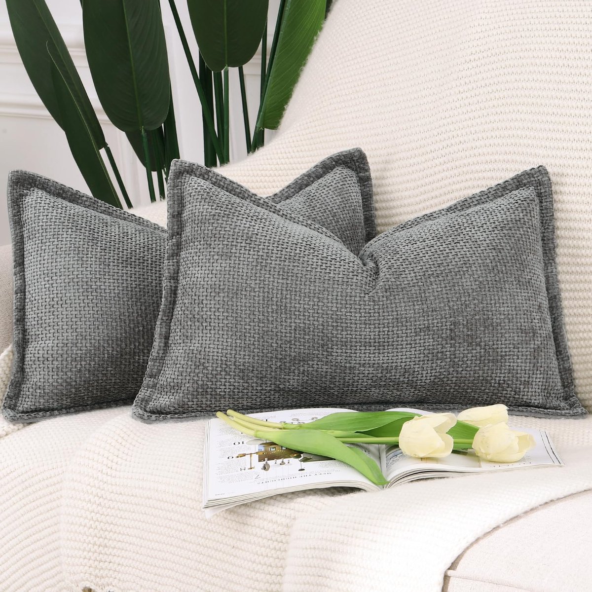 Unyqoos ® Stijlvolle Chenille en Fluwelen Kussenhoezen Set van 2 voor Elegante Interieurs Grijs