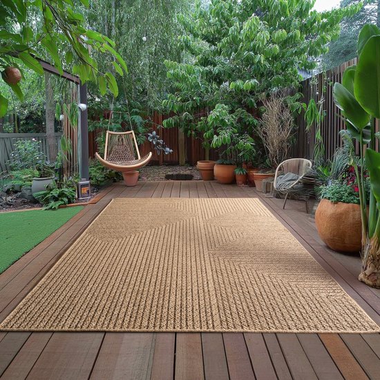 Timber Style Buitenkleed – Indoor & Outdoor, Jute-Look Vloerkleed, Weerbestendig, Tuin, Balkonkleed - Beige- 240x340 CM