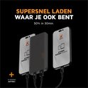 Xtorm powerbank tussen twee iPhones, waarbij de tekst "Supersnel laden waar je ook bent" staat.