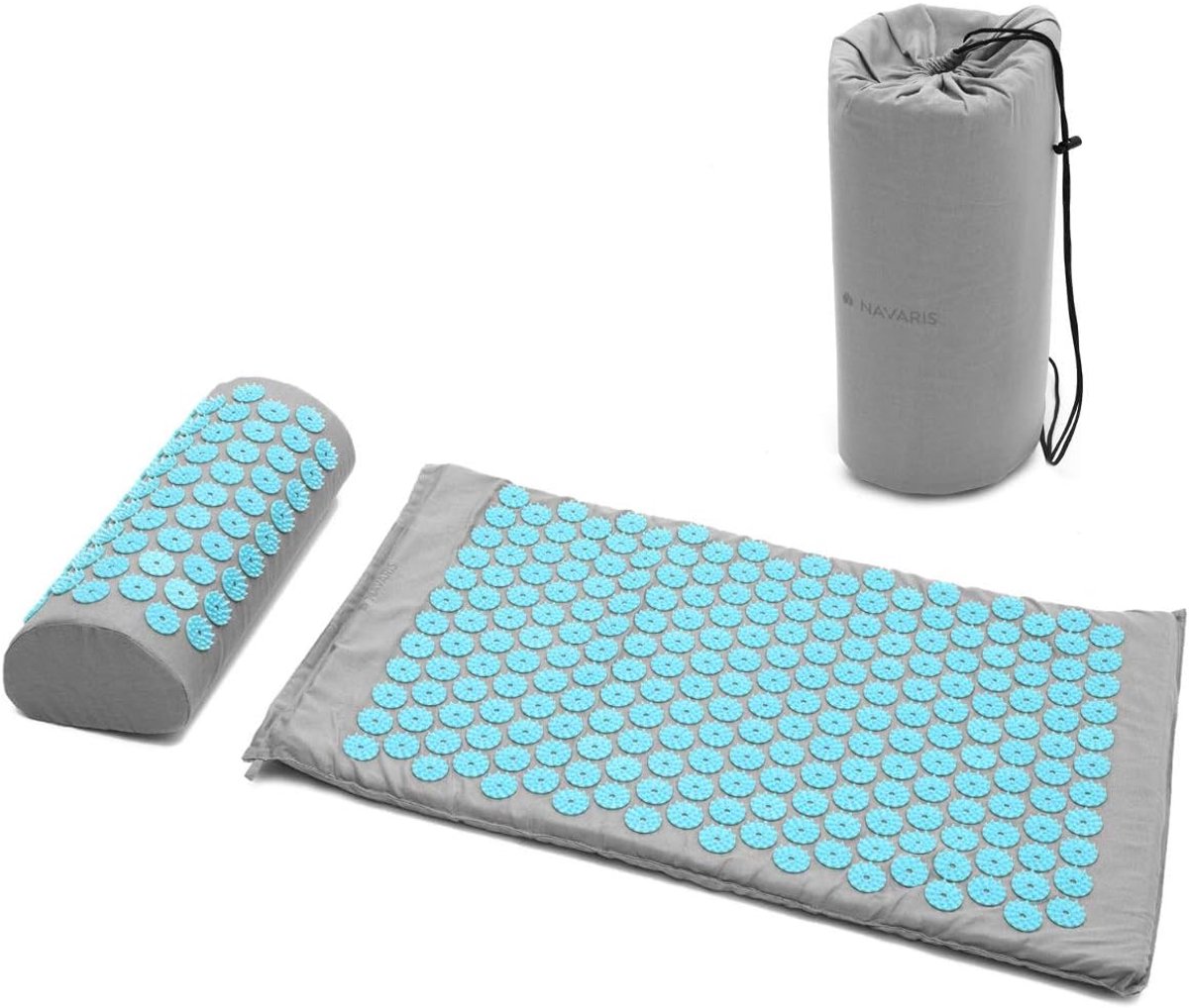 Acupressuurmat met kussen voor rug, nek, schouders en spieren - Inclusief draagtas - Grijs Blauw