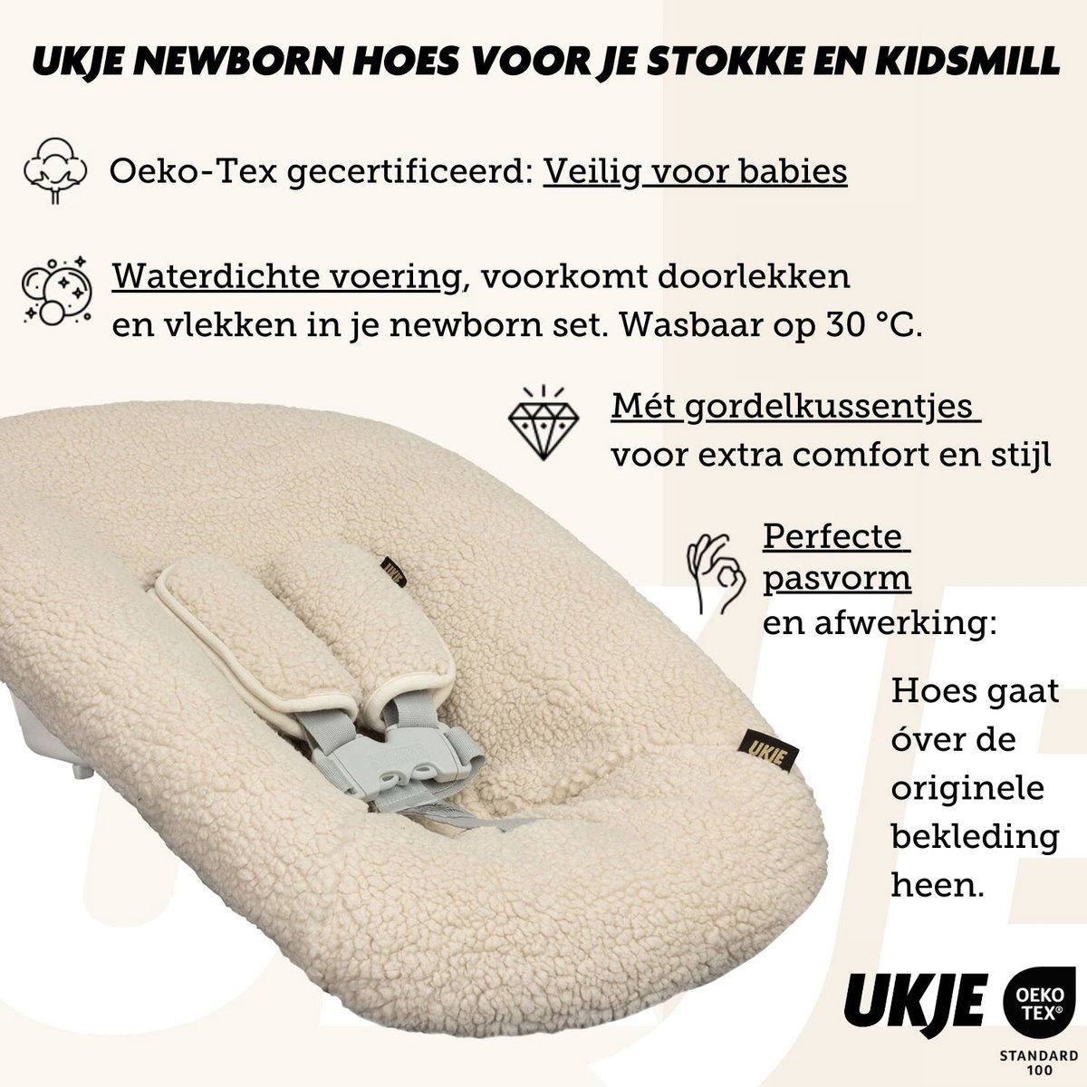 Ukje Newborn Hoes Tripp Trapp - Voor Stokke Kidsmill Novi Newborn Set - Veilig getest Oeko-Tex - Waterdichte binnenkant - Met Gordelbeschermers - Lichtbeige Teddy – foto 2