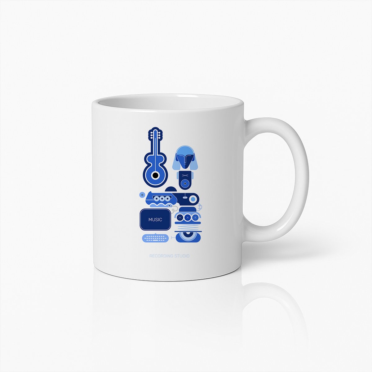 Moderne Muziekstudio Mok – Artistiek Blauw Design met Gitaar & Koptelefoon – 330ml Keramisch Cadeau voor Muziekliefhebbers