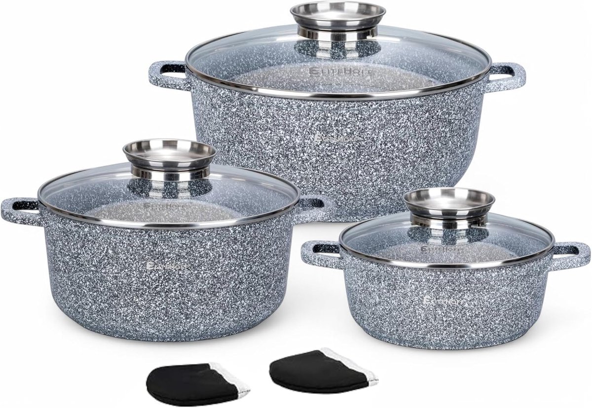 Inductiekookpannenset - 6 stuks - grijs - aluminium - met glazen deksel