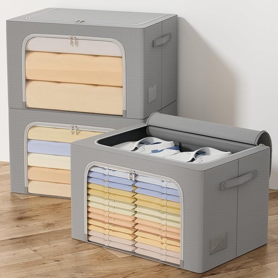 GoMaihe Opbergtas met metalen frame, stapelbaar voor dekbedden en kleding, opvouwbare kledingopslag, opbergruimte, kledingkast, organizer, 3 stuks, grijs, 24 liter
