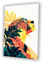 Kleurrijke luipaard met bladeren - Luipaard canvas schilderijen - Canvas schilderijen dier - Pop Art - Muurdecoratie landelijk - Wanddecoratie - canvas 30x45 cm