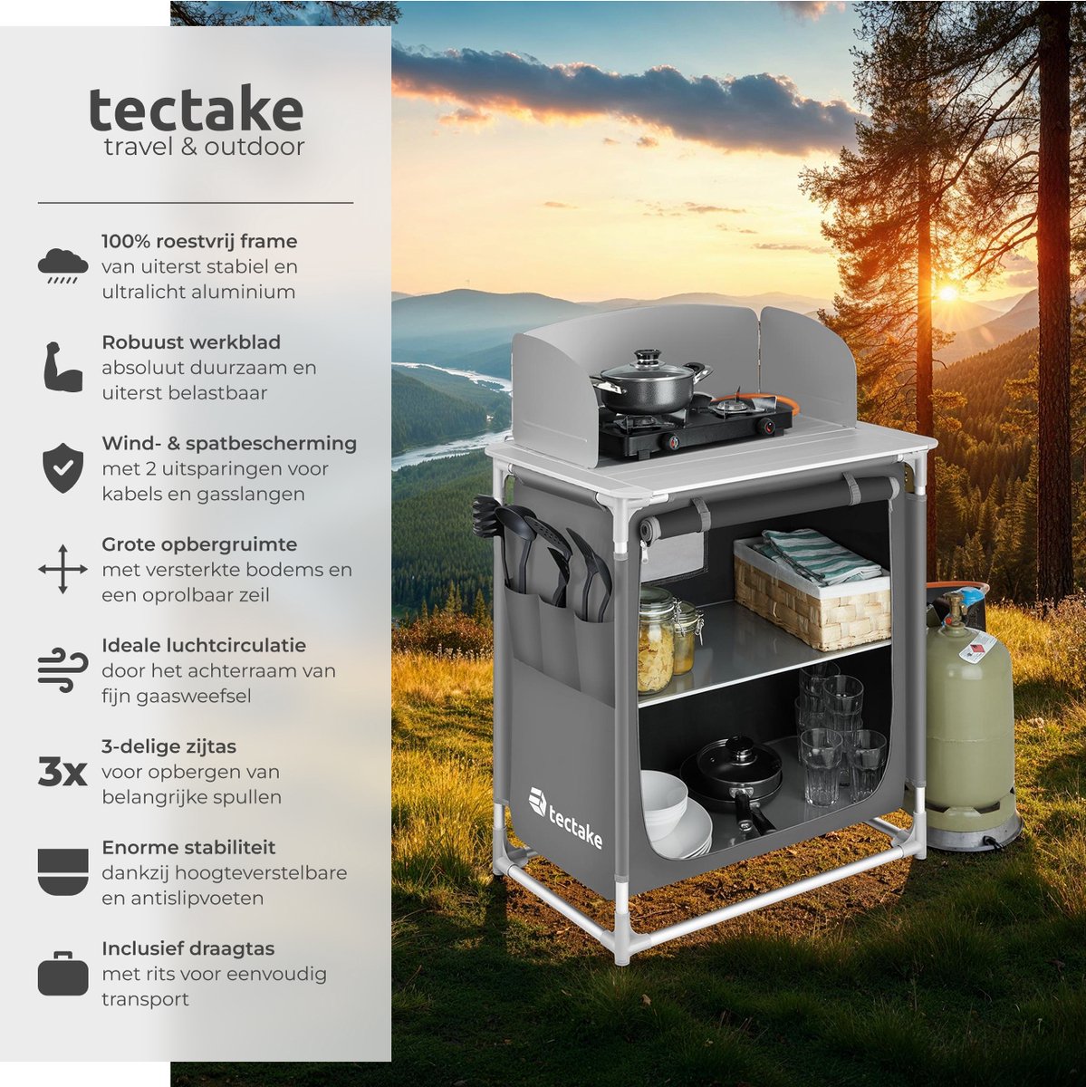 tectake® Campingkeuken met 2 vakken - Opvouwbare campingkast, reiskeuken - Aluminium Keukenkast met werkblad en opbergvakken - Buitenkeuken, voortent, caravan - Incl. draagtas - 76x53,5x107cm - grijs