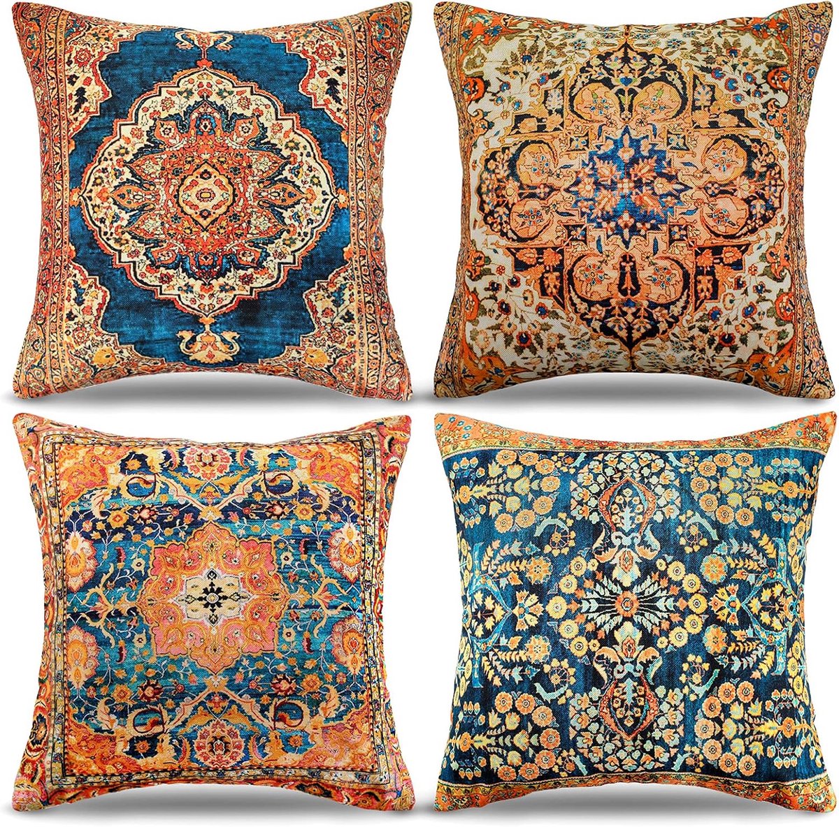 Ibenzoa Set van Vier Abstracte Kussenhoezen - Blauw Tribal Vintage Design - Katoen oranje