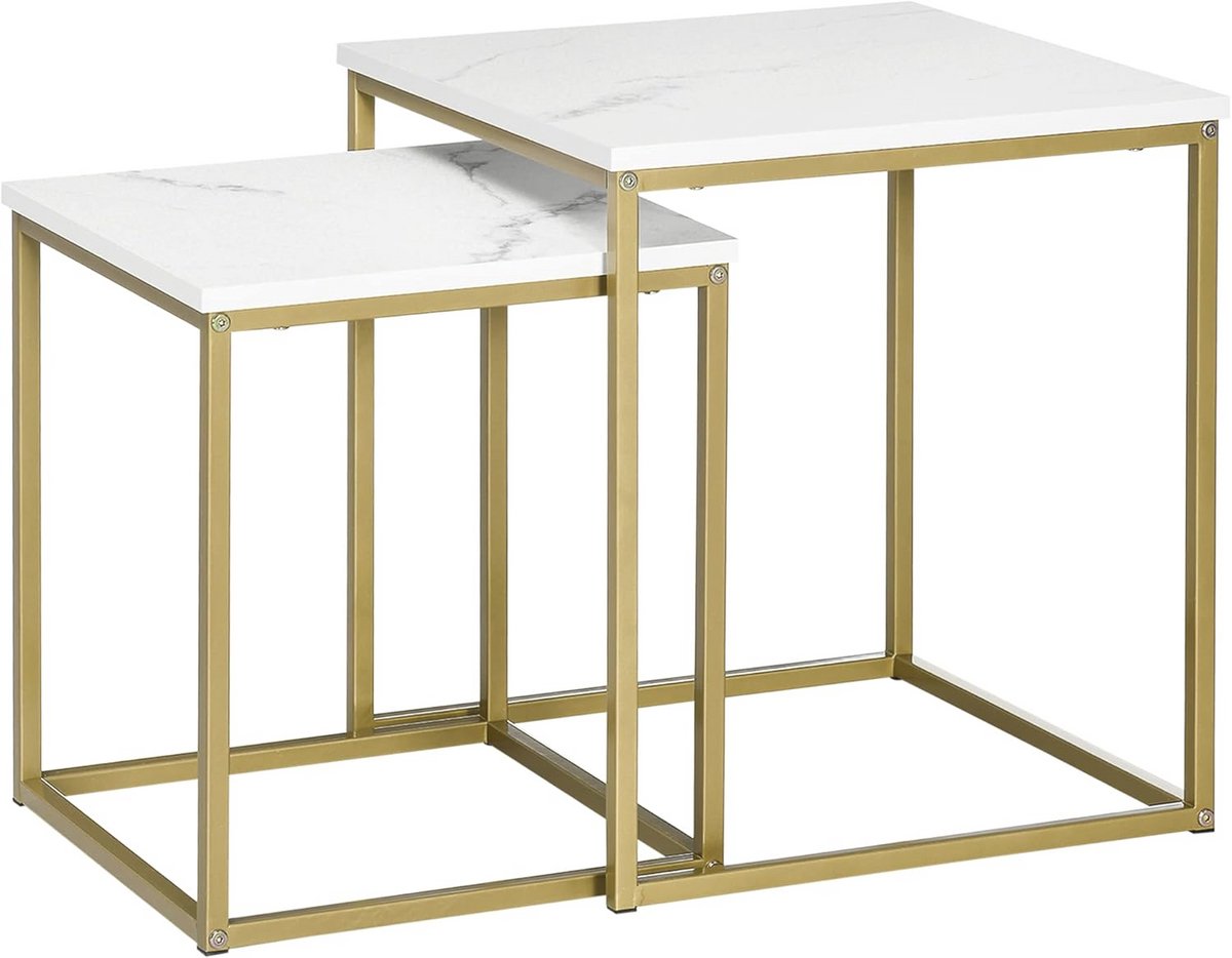 Set van 2 Vierkante Bijzettafels voor Woonkamer - Wit & Goud