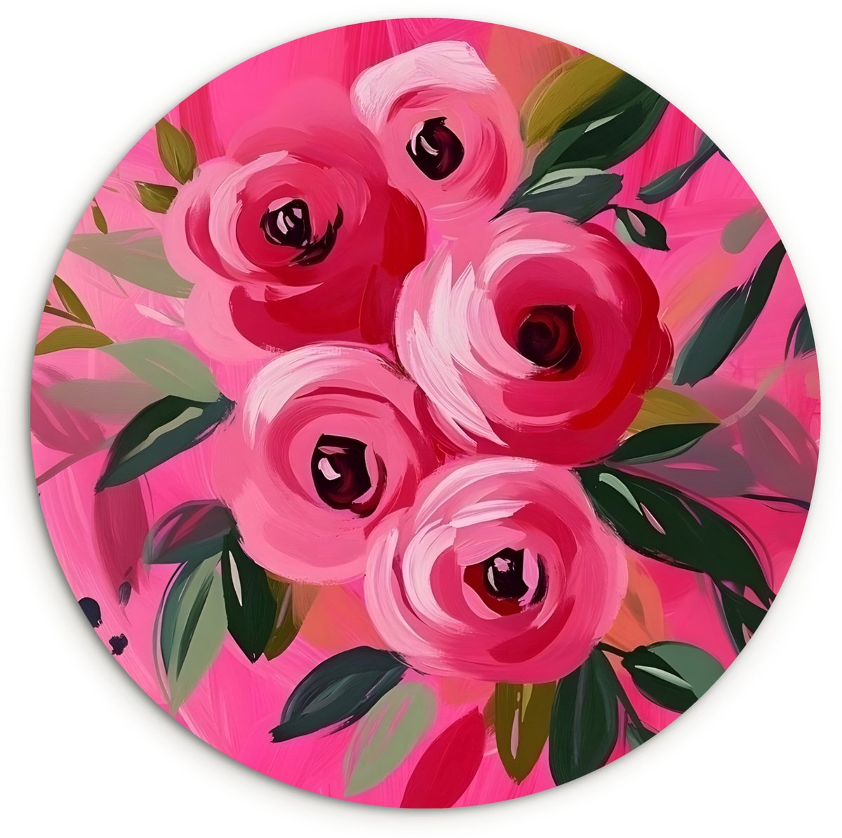 WallCircle Wandcirkel 60x60 cm - Muurcirkel Bloemen - Verf - Roze - Muurdecoratie woonkamer - Wanddecoratie slaapkamer - Kamer decoratie accessoires - Ronde schilderijen Bloemen - Boeket