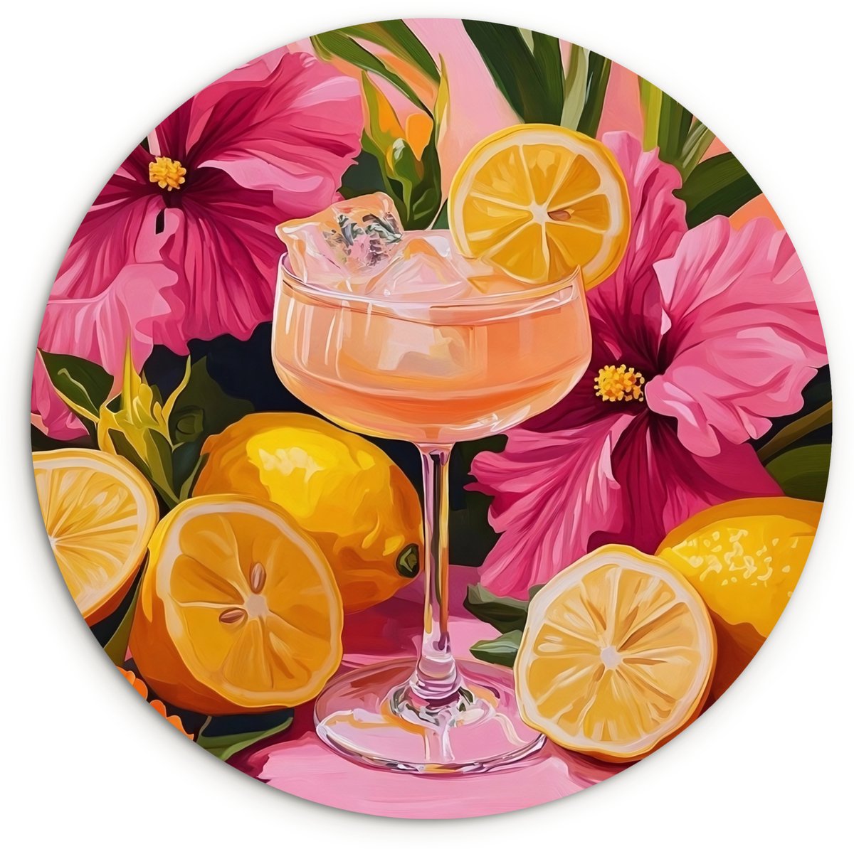 WallCircle Wandcirkel 60x60 cm - Muurcirkel Drink - Bloemen - Yellow - Muurdecoratie woonkamer - Wanddecoratie slaapkamer - Kamer decoratie accessoires - Ronde schilderijen Cocktail - Bloemen