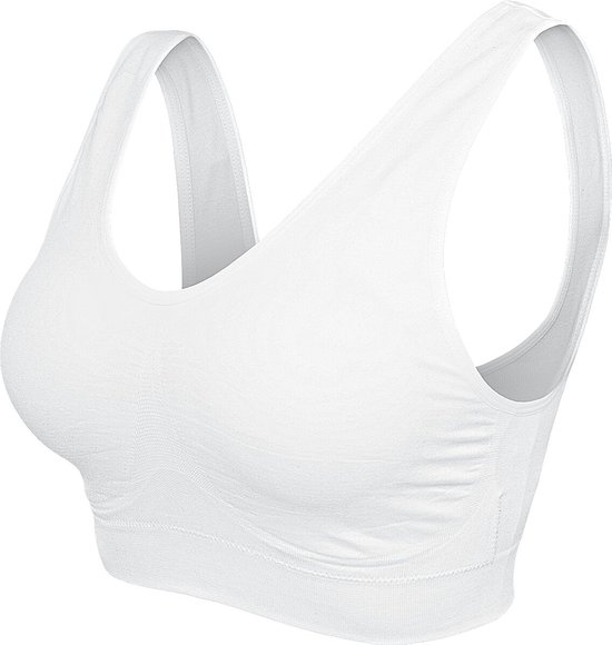 Witte sport-bh met racerback en brede band onder de borsten.