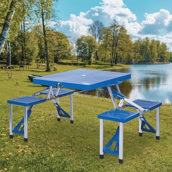 AKTIVE Set van klaptafels en 4 krukken, koffertafel, picknicktafel, 85 x 64 x 67 cm, parasolstandaard, aluminium frame, voor 4 personen, gewicht max. 80 kg, camping, blauw, 52892
