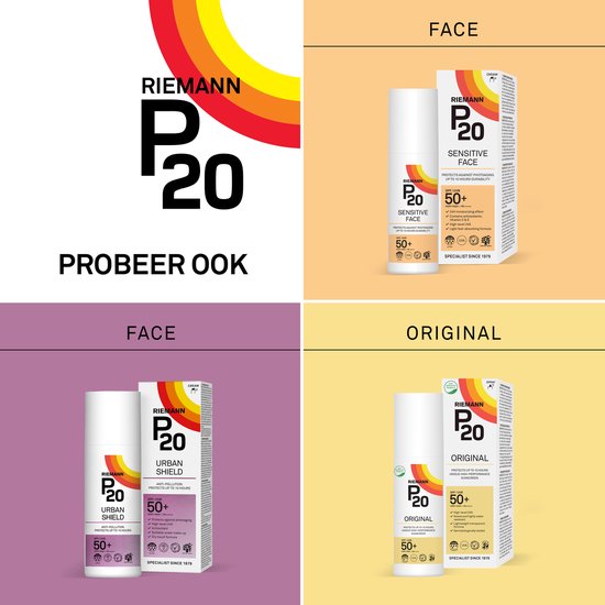 Collage van P20 zonnebrandproducten: "PROBEER OOK" bovenaan. Rechtsboven: P20 Sensitive Face SPF 50+. Linksbeneden: P20 Urban Shield SPF 50+. Rechtsonder: P20 Original SPF 50+.