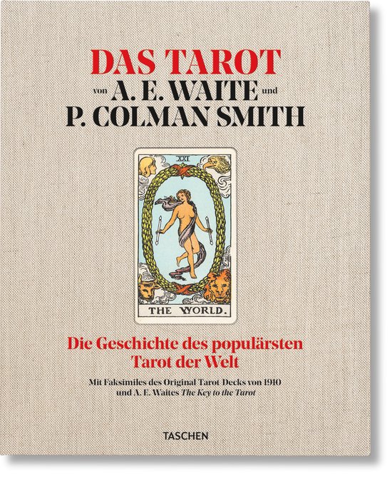 Boekomslag 'Das Tarot von A. E. Waite und P. Colman Smith' met tarotkaart 'The World'.