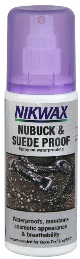 Nikwax Nubuck & Suede Proof spray fles met paarse dop.
