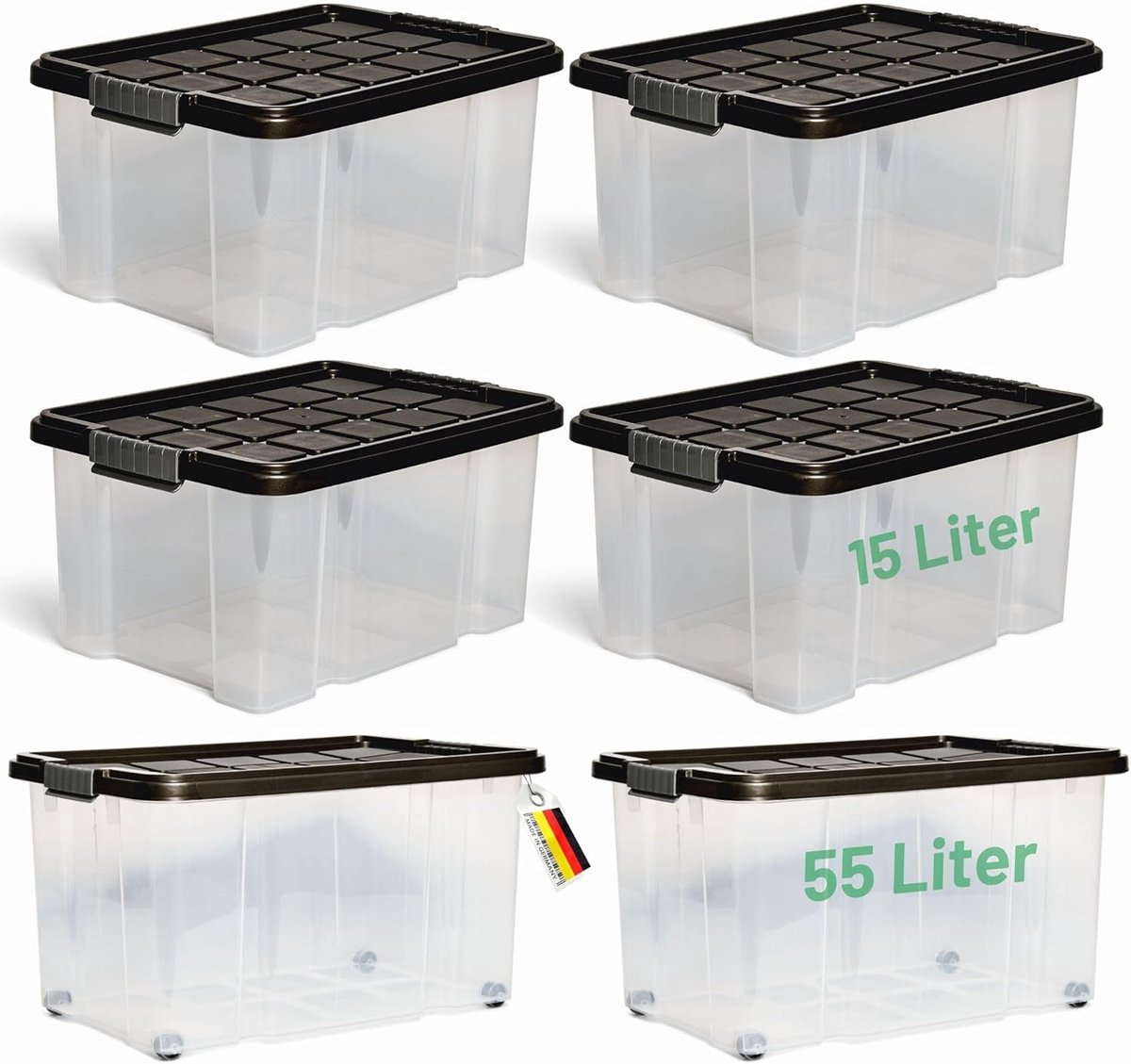 Novaliv 6-delige voordeelset opbergdozen met deksel, antraciet, 2x55 L + 4x15 L, nestbaar, stapelbaar, clipsluiting, roldozen, BPA-vrij