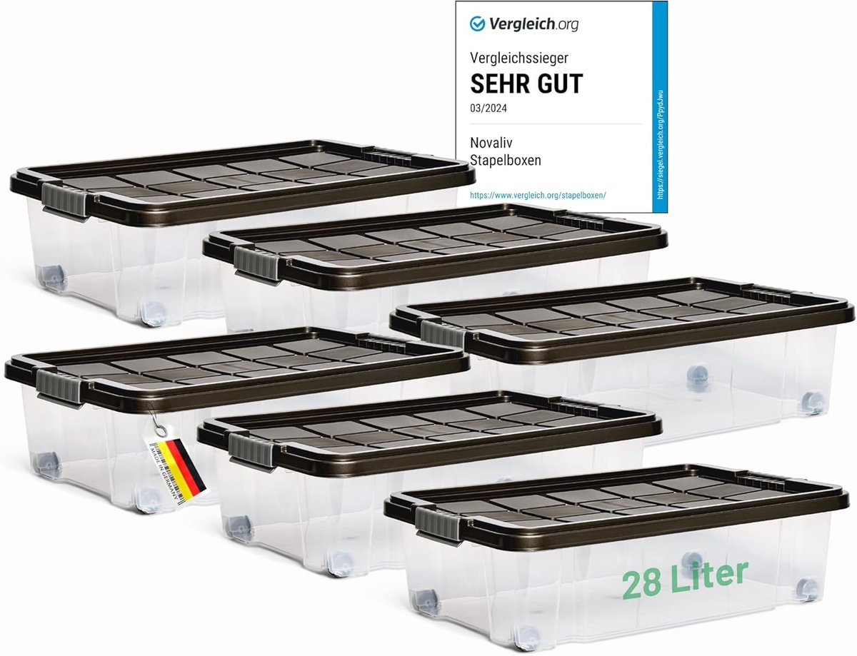 Novaliv 6x Onderbed Ladekast met Wielen 28L Opbergdoos Deksel Antraciet Nestbaar Stapelbaar met Clipsluiting Rolbox BPA-vrij 61x40x17 cm