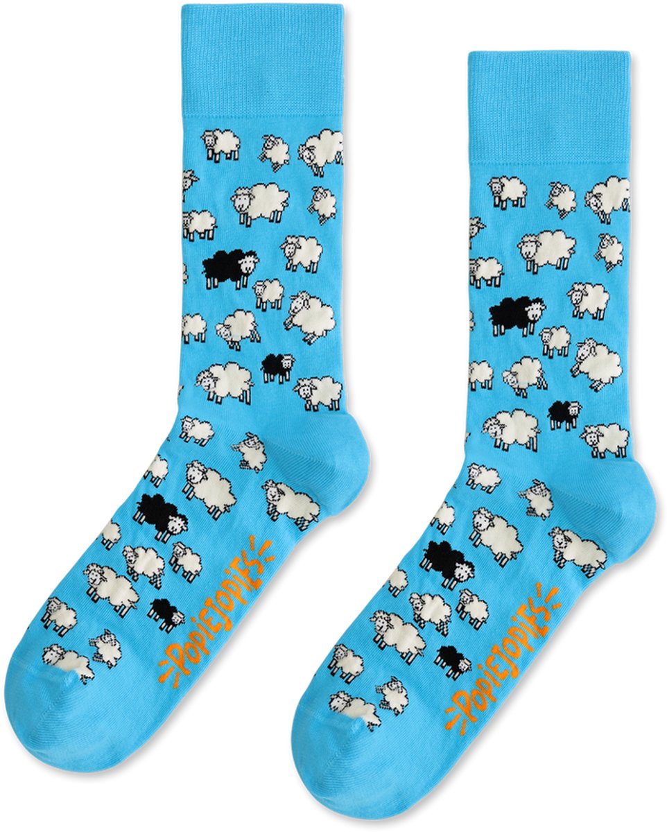 Popiejopies Eigenwijze Schapen sokken - Maat 36-40 - uniseks - vrolijke sokken blauw met witte en zwarte schaapjes