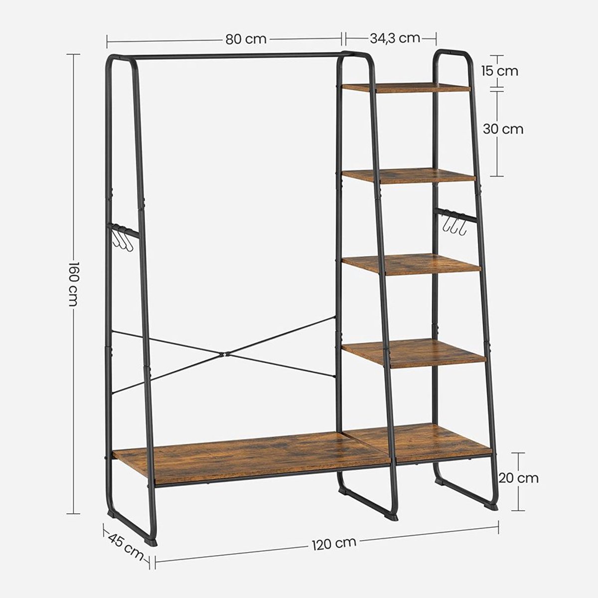 Industrieel kledingrek – 5 Lagen – 220 kg draagkracht – Modulair & Industrieel Ontwerp voor Maximale Opbergruimte - 45 x 120 x 160 cm (Diepte x Breedte x Hoogte) - industriele kledingrek